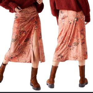 Free People Paisley Velvet Midi Skirt in Rust and Brown